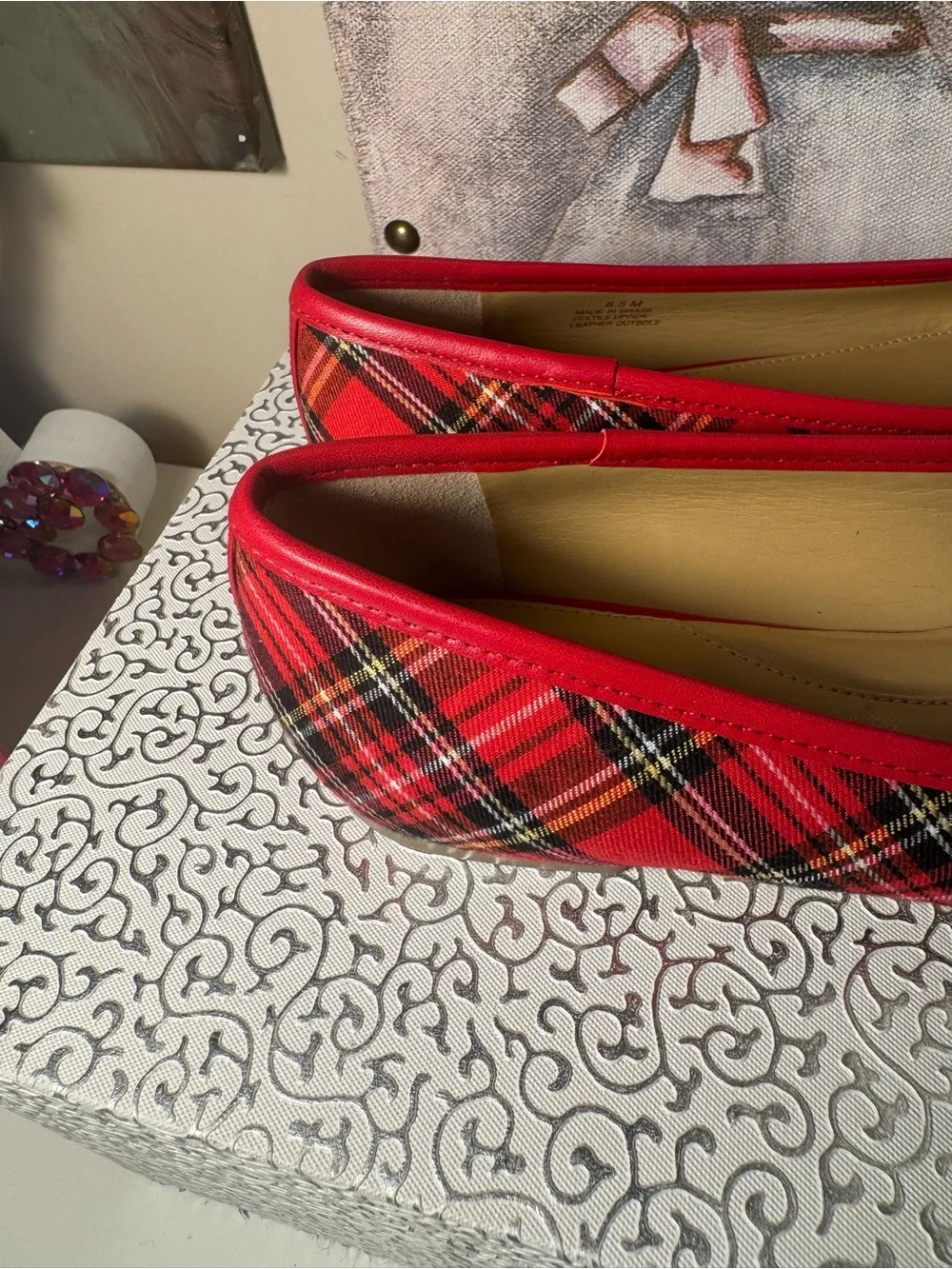 Talbots Red Quilted Plaid Ballet Flats - Classic Women Shoes -New